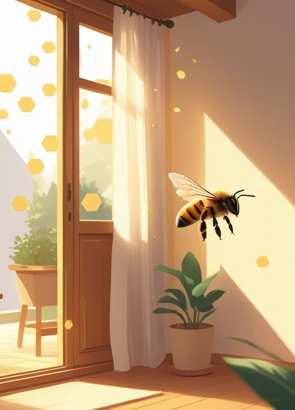 Um interior de casa aconchegante com um abelha voando perto da janela, transmitindo uma sensação de harmonia e prosperidade.