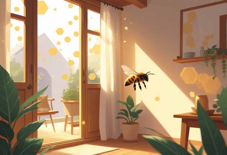 Um interior de casa aconchegante com um abelha voando perto da janela, transmitindo uma sensação de harmonia e prosperidade.
