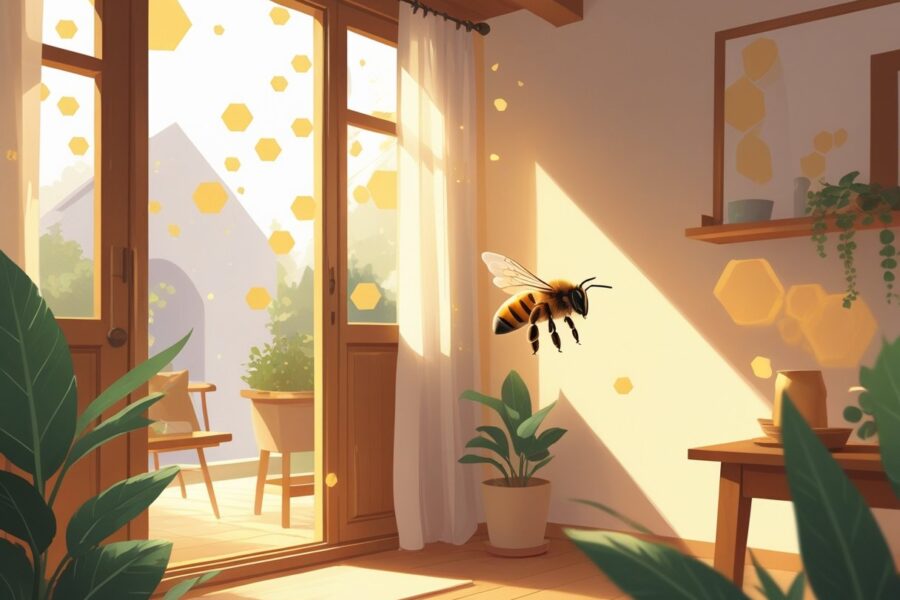 Um interior de casa aconchegante com um abelha voando perto da janela, transmitindo uma sensação de harmonia e prosperidade.