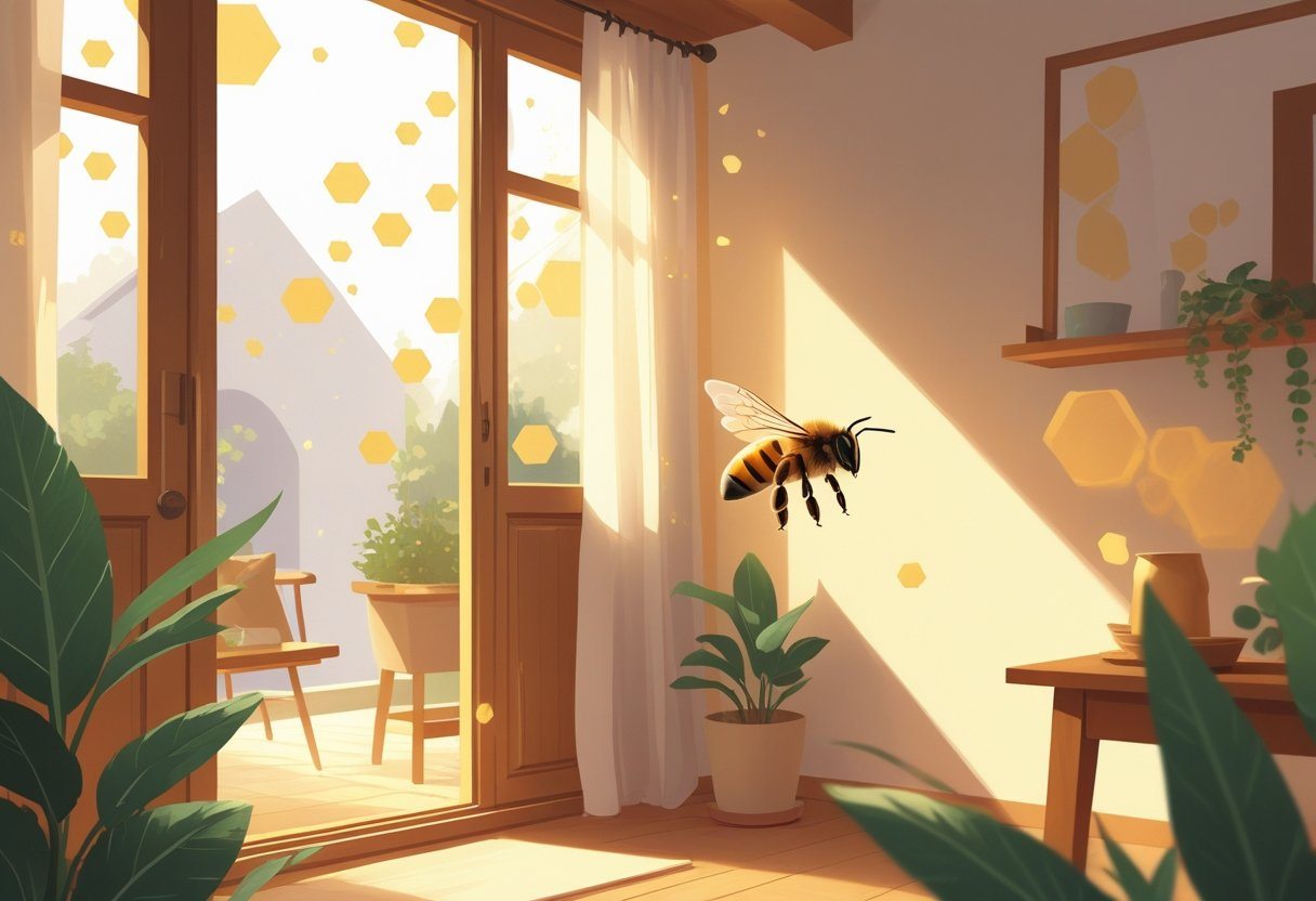 Um interior de casa aconchegante com um abelha voando perto da janela, transmitindo uma sensação de harmonia e prosperidade.