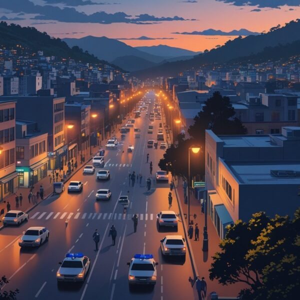 Vista da cidade de Taboão da Serra ao entardecer, mostrando ruas movimentadas, prédios residenciais e comerciais, um carro de polícia estacionado e pessoas caminhando com cuidado.