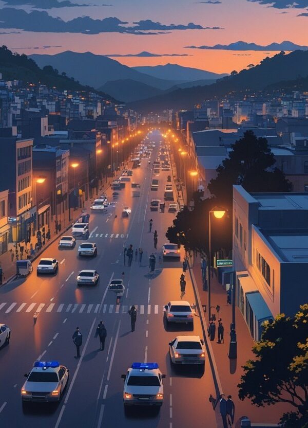 Vista da cidade de Taboão da Serra ao entardecer, mostrando ruas movimentadas, prédios residenciais e comerciais, um carro de polícia estacionado e pessoas caminhando com cuidado.