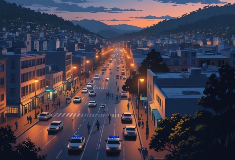 Vista da cidade de Taboão da Serra ao entardecer, mostrando ruas movimentadas, prédios residenciais e comerciais, um carro de polícia estacionado e pessoas caminhando com cuidado.