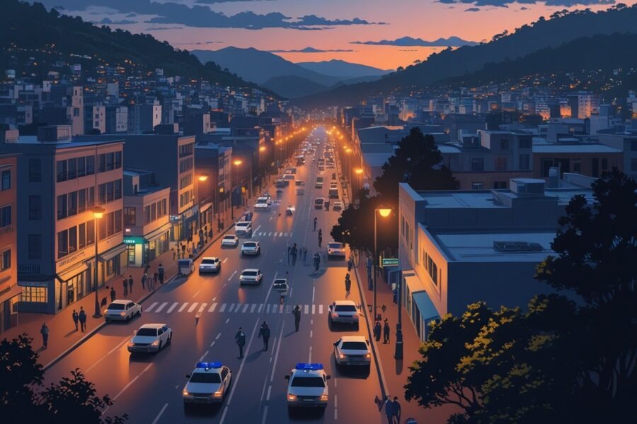 Vista da cidade de Taboão da Serra ao entardecer, mostrando ruas movimentadas, prédios residenciais e comerciais, um carro de polícia estacionado e pessoas caminhando com cuidado.