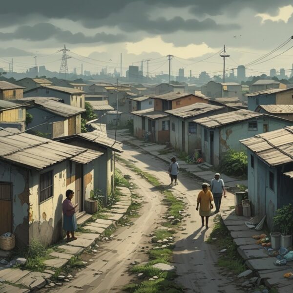 Vista de um bairro simples e deteriorado em Piracicaba, com casas pequenas e ruas estreitas, mostrando moradores em atividades cotidianas.