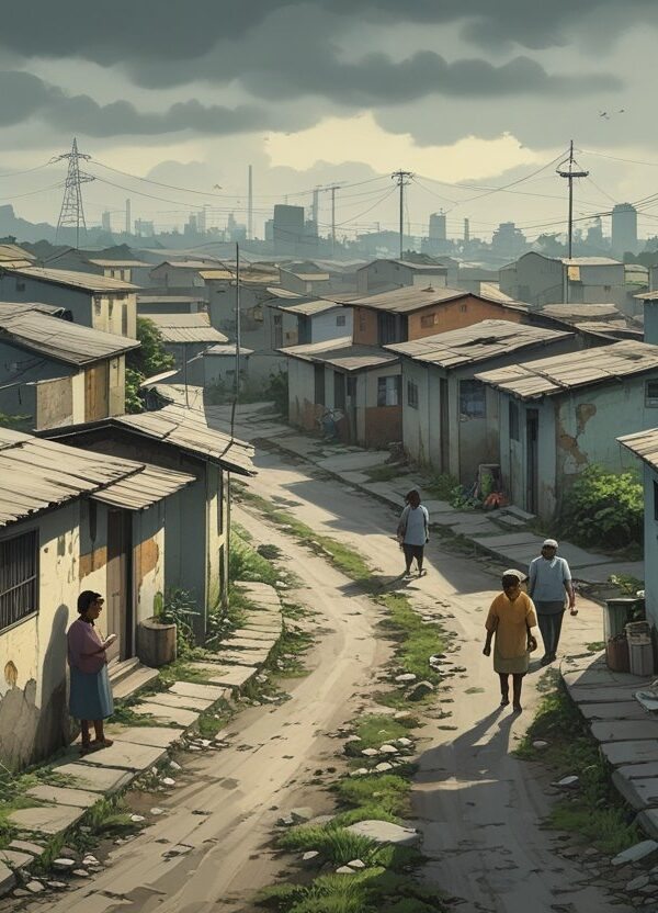 Vista de um bairro simples e deteriorado em Piracicaba, com casas pequenas e ruas estreitas, mostrando moradores em atividades cotidianas.