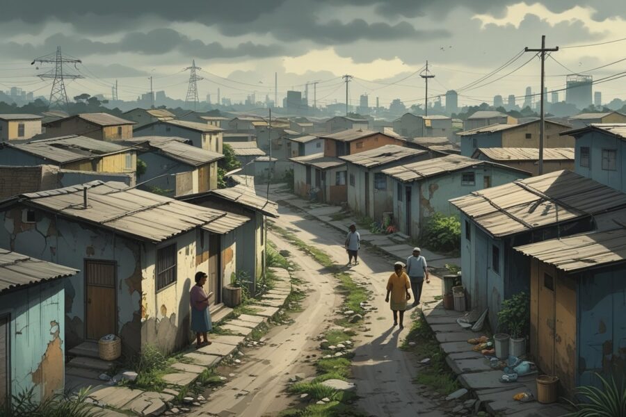 Vista de um bairro simples e deteriorado em Piracicaba, com casas pequenas e ruas estreitas, mostrando moradores em atividades cotidianas.