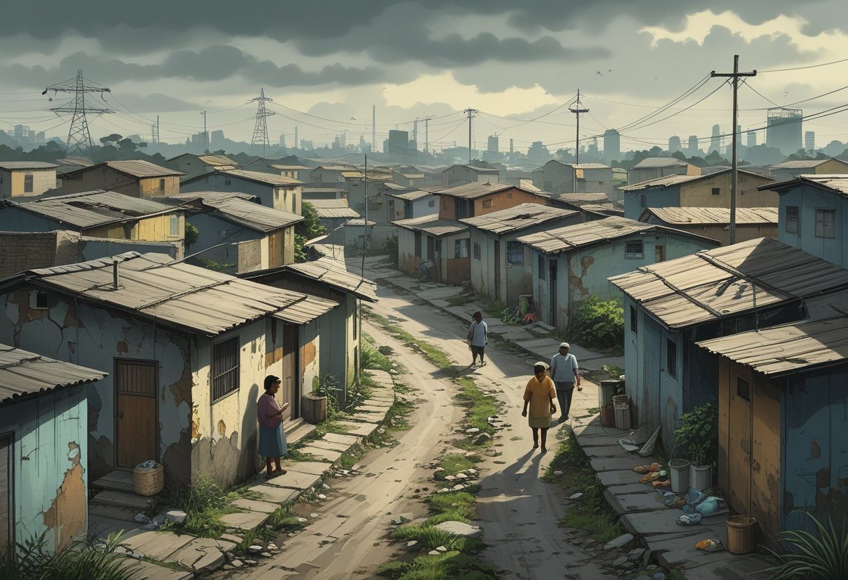 Vista de um bairro simples e deteriorado em Piracicaba, com casas pequenas e ruas estreitas, mostrando moradores em atividades cotidianas.