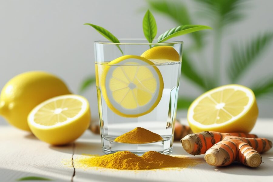 Um copo de água com fatias de limão e açafrão em pó, com limões e raízes de açafrão ao redor, sobre uma superfície de madeira clara.