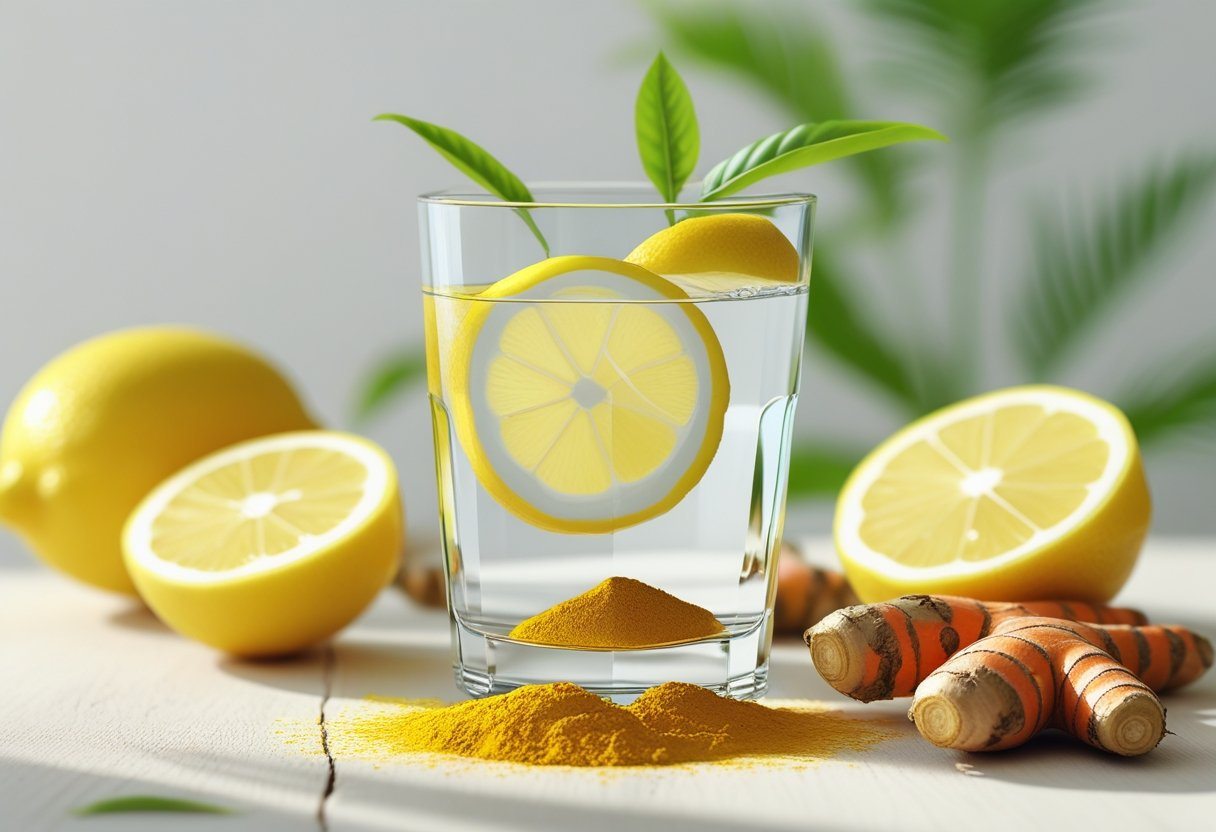 Um copo de água com fatias de limão e açafrão em pó, com limões e raízes de açafrão ao redor, sobre uma superfície de madeira clara.