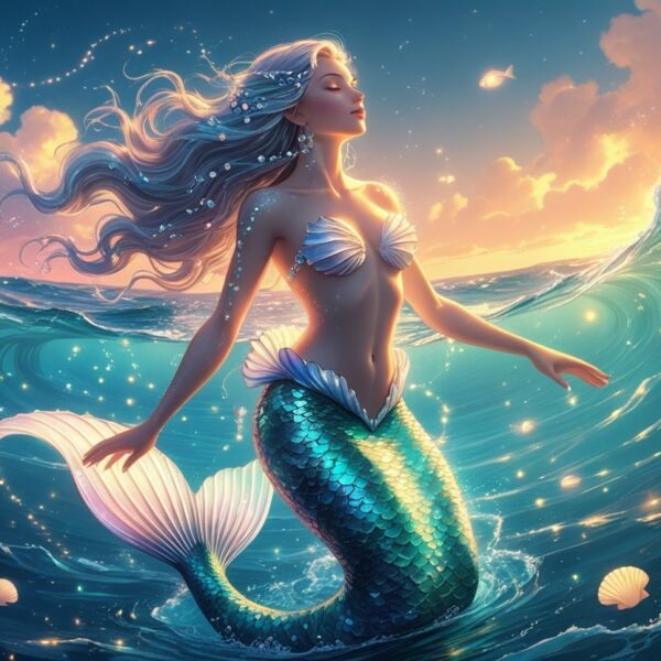 Mulher emergindo do oceano com corpo de sereia, rodeada por ondas e criaturas marinhas brilhantes, em um cenário ao amanhecer.