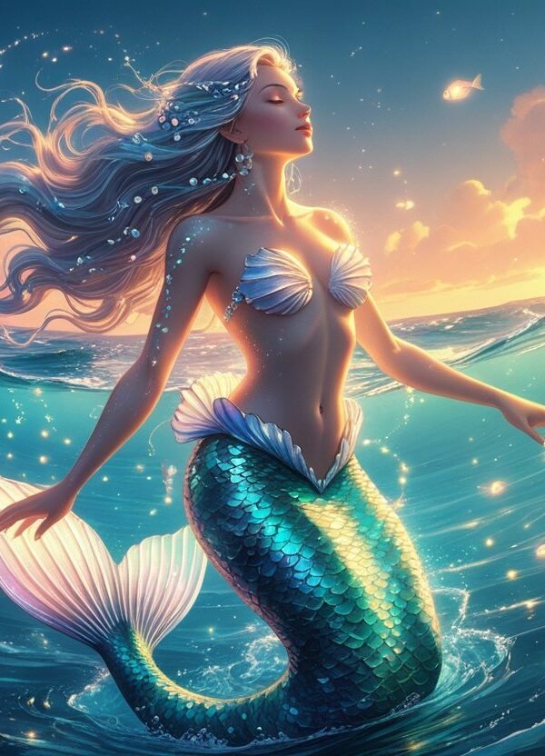 Mulher emergindo do oceano com corpo de sereia, rodeada por ondas e criaturas marinhas brilhantes, em um cenário ao amanhecer.