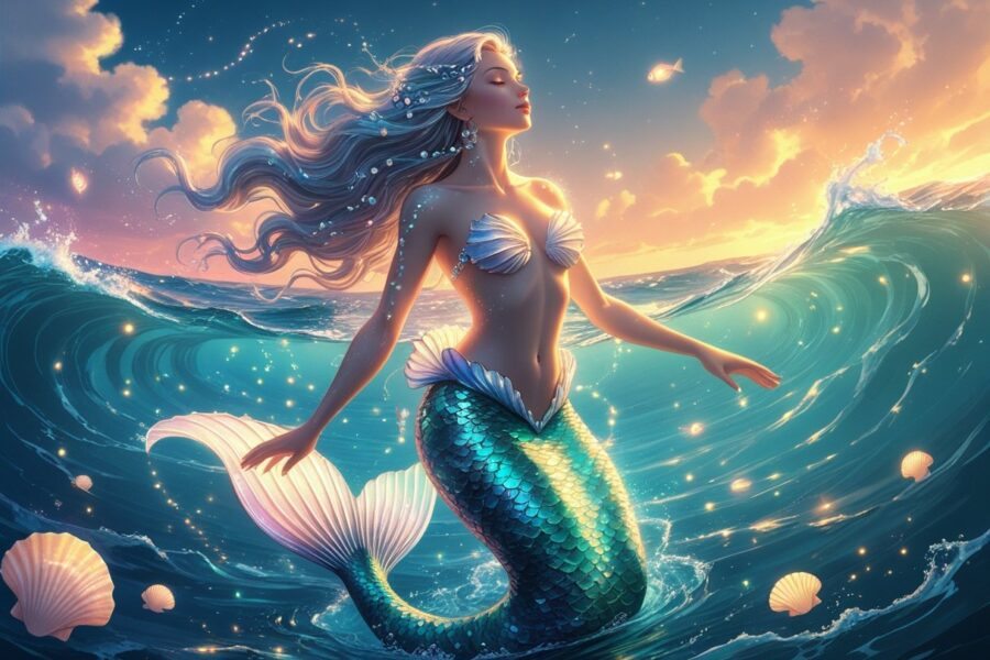 Mulher emergindo do oceano com corpo de sereia, rodeada por ondas e criaturas marinhas brilhantes, em um cenário ao amanhecer.