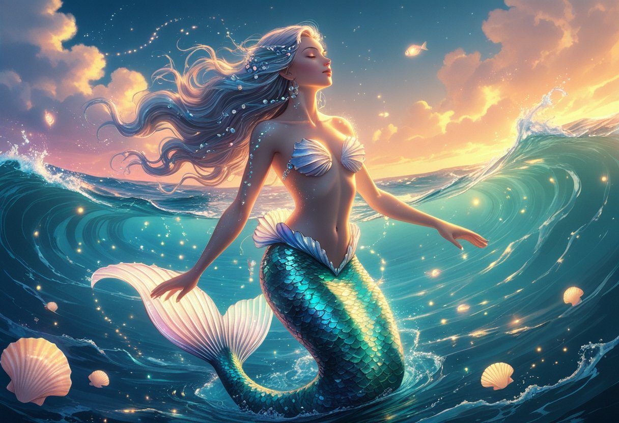Mulher emergindo do oceano com corpo de sereia, rodeada por ondas e criaturas marinhas brilhantes, em um cenário ao amanhecer.