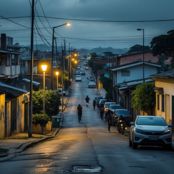 Rua residencial em bairro de Campinas com casas simples, luzes de postes e poucas pessoas na rua durante o entardecer.