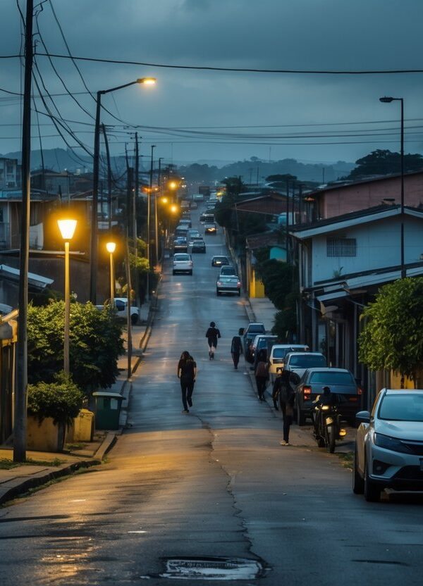 Rua residencial em bairro de Campinas com casas simples, luzes de postes e poucas pessoas na rua durante o entardecer.