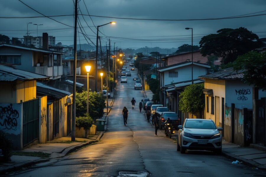 Rua residencial em bairro de Campinas com casas simples, luzes de postes e poucas pessoas na rua durante o entardecer.