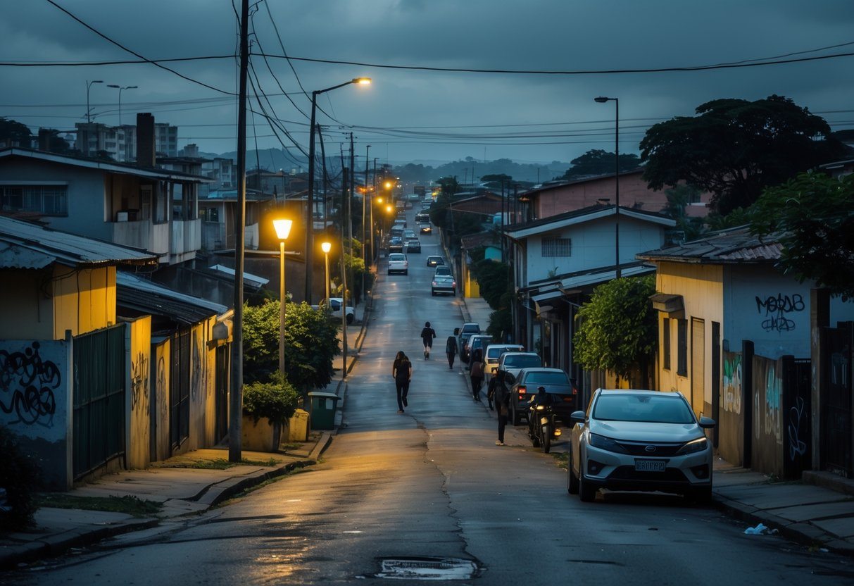 Rua residencial em bairro de Campinas com casas simples, luzes de postes e poucas pessoas na rua durante o entardecer.