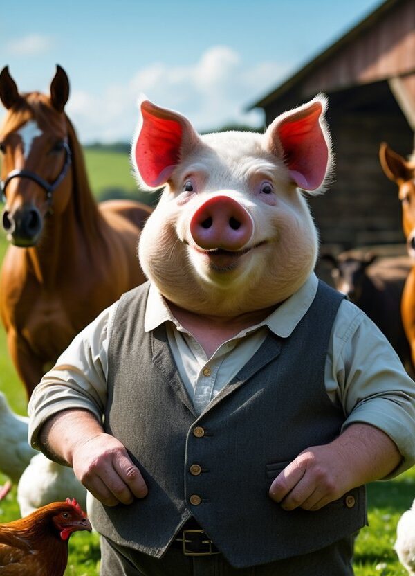 Um grupo de animais de fazenda reunidos em um quintal, incluindo um porco, um cavalo, um corvo, galinhas e ovelhas, representando personagens da Revolução dos Bichos.