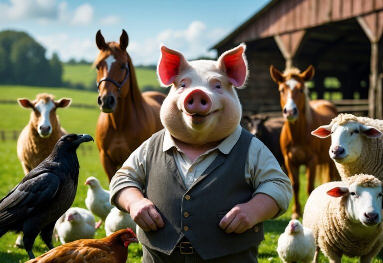 Um grupo de animais de fazenda reunidos em um quintal, incluindo um porco, um cavalo, um corvo, galinhas e ovelhas, representando personagens da Revolução dos Bichos.