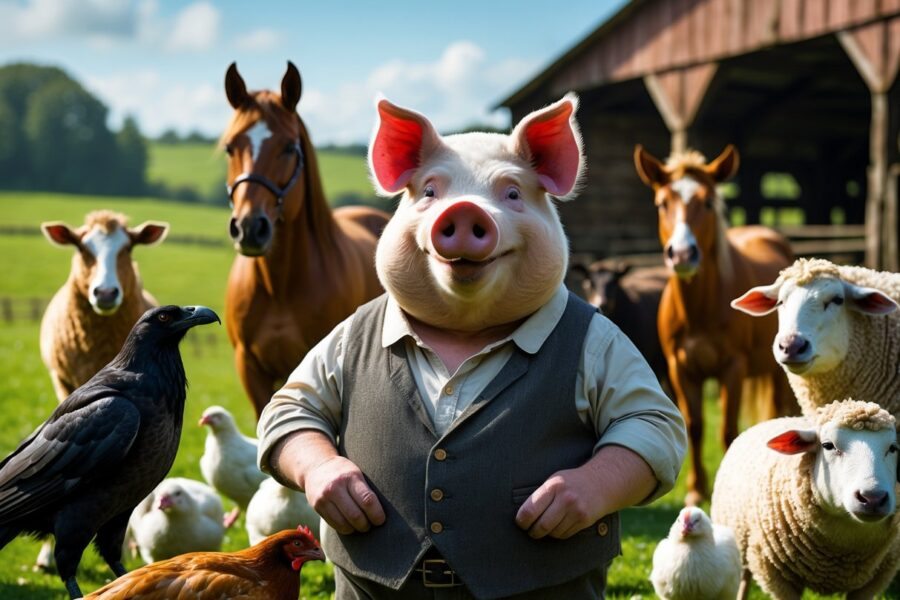 Um grupo de animais de fazenda reunidos em um quintal, incluindo um porco, um cavalo, um corvo, galinhas e ovelhas, representando personagens da Revolução dos Bichos.