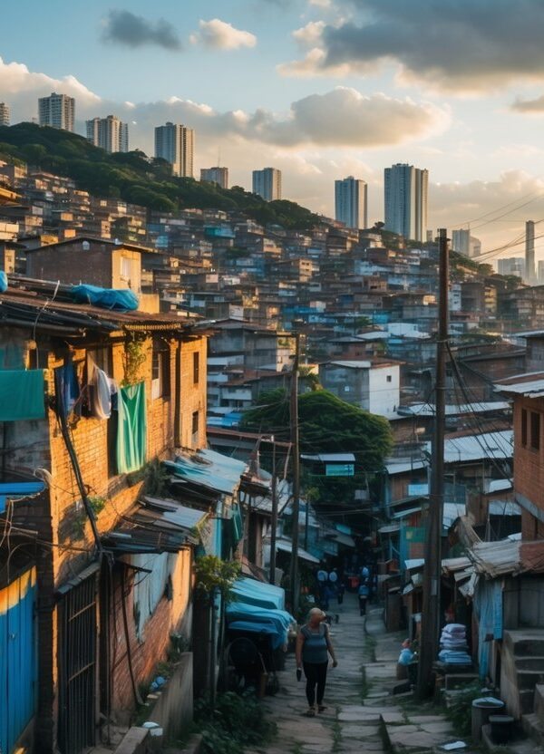 Vista de uma favela densa em Guarulhos com casas coloridas e apertadas, pessoas caminhando por vielas estreitas e a cidade ao fundo.