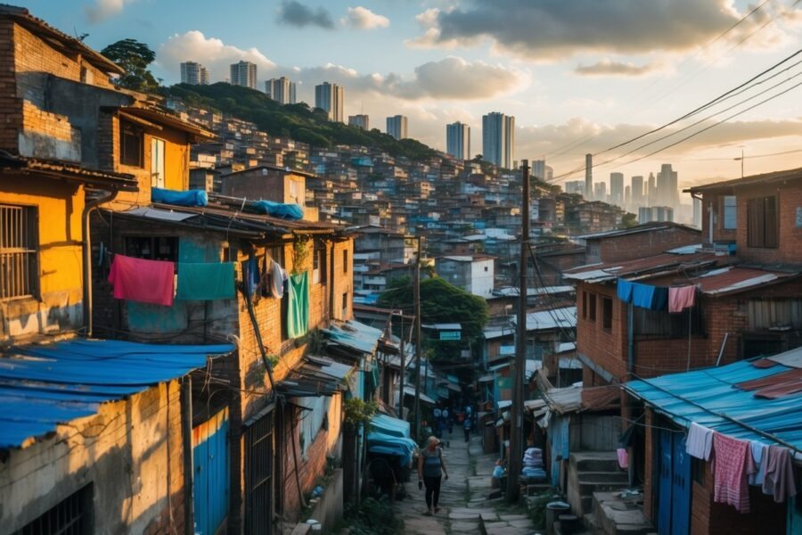 Vista de uma favela densa em Guarulhos com casas coloridas e apertadas, pessoas caminhando por vielas estreitas e a cidade ao fundo.
