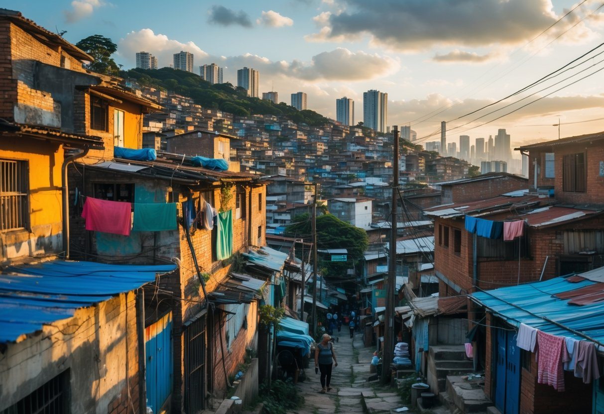 Vista de uma favela densa em Guarulhos com casas coloridas e apertadas, pessoas caminhando por vielas estreitas e a cidade ao fundo.