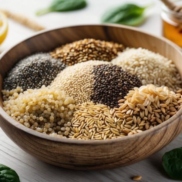 Tigela rústica com mix de grãos saudáveis variados sobre superfície de madeira clara, cercada por folhas verdes e fatias de limão.