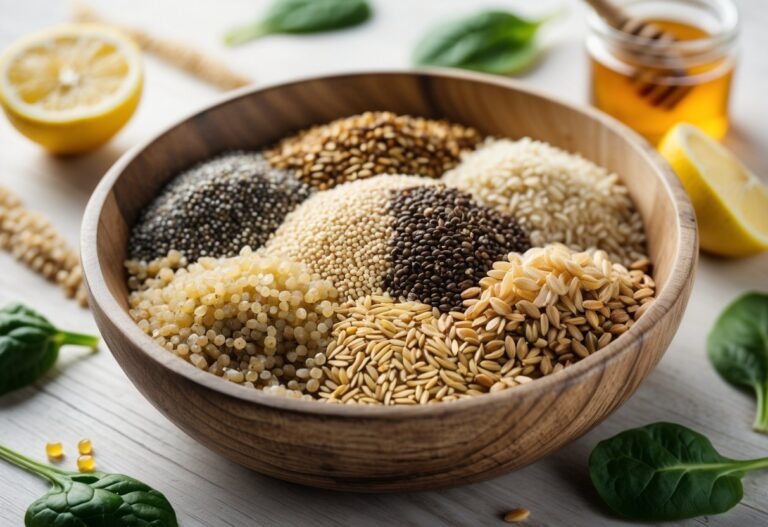 Tigela rústica com mix de grãos saudáveis variados sobre superfície de madeira clara, cercada por folhas verdes e fatias de limão.