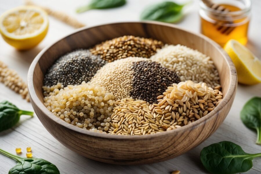 Tigela rústica com mix de grãos saudáveis variados sobre superfície de madeira clara, cercada por folhas verdes e fatias de limão.
