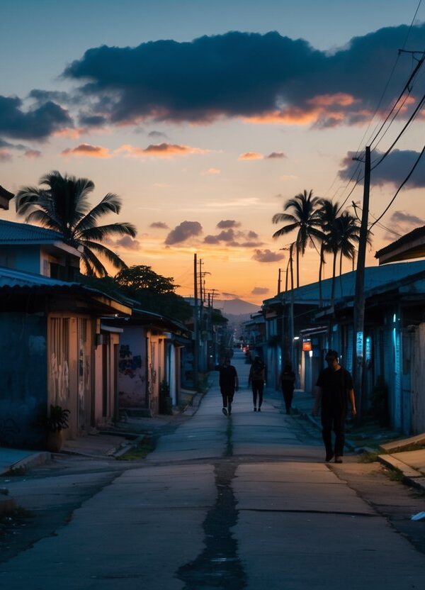 Rua estreita em um bairro residencial de Cabo Frio ao entardecer, com casas simples, pouca iluminação e poucas pessoas caminhando com cautela.