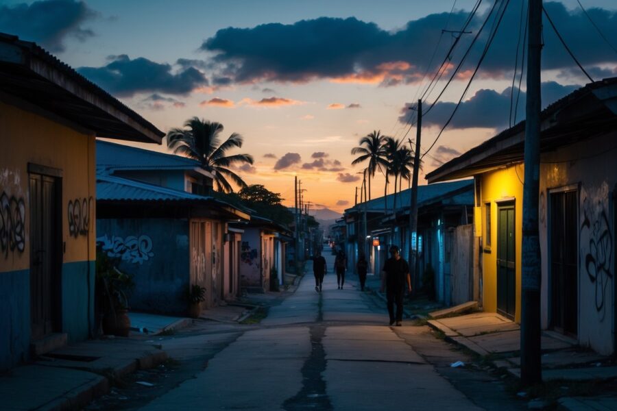 Rua estreita em um bairro residencial de Cabo Frio ao entardecer, com casas simples, pouca iluminação e poucas pessoas caminhando com cautela.