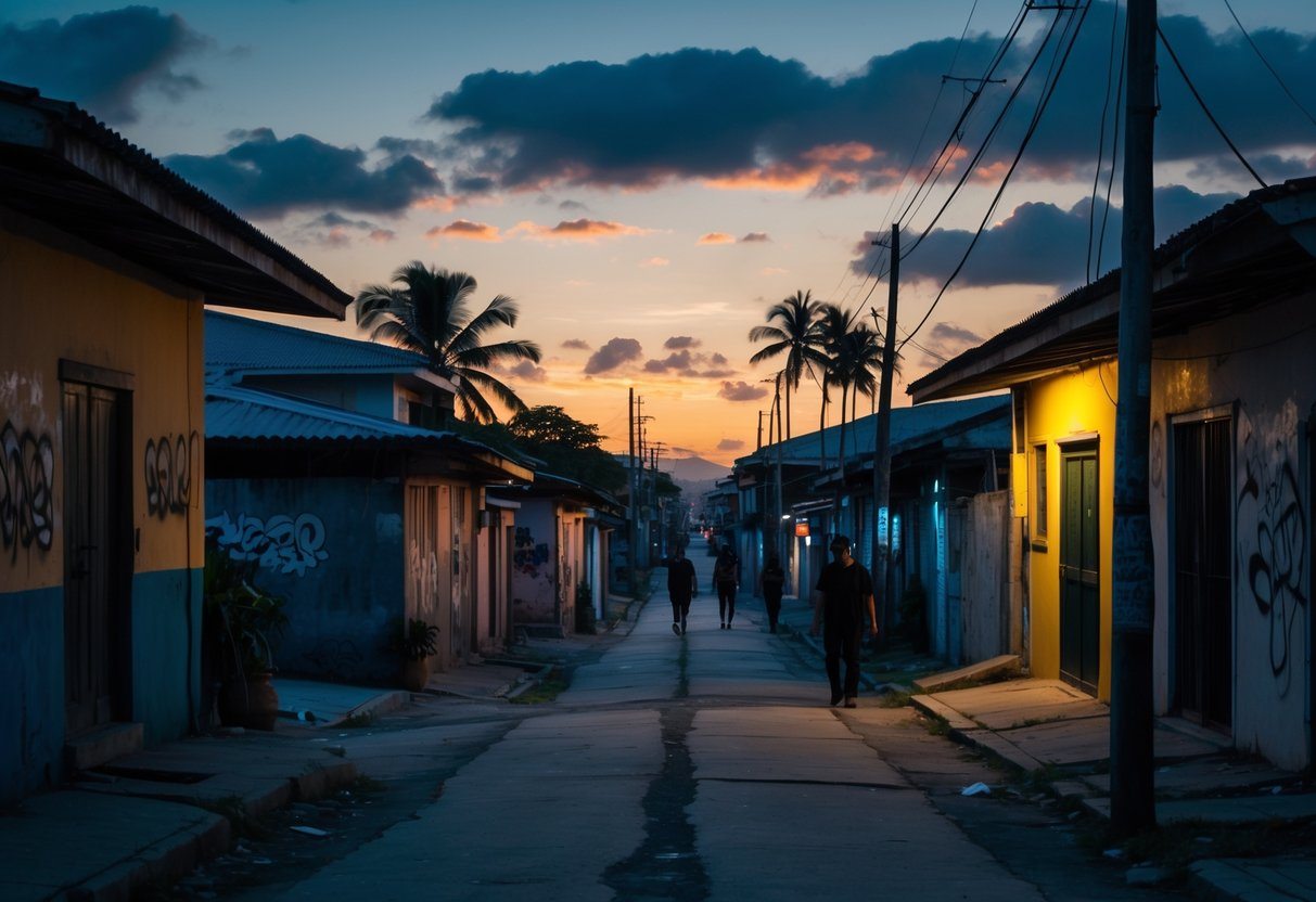 Rua estreita em um bairro residencial de Cabo Frio ao entardecer, com casas simples, pouca iluminação e poucas pessoas caminhando com cautela.