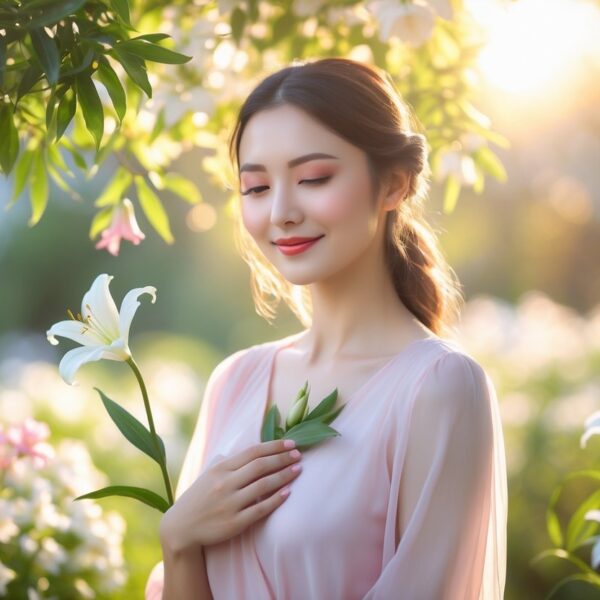 Mulher jovem sorridente em um jardim florido segurando um lírio branco próximo ao peito.