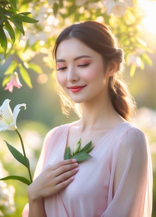 Mulher jovem sorridente em um jardim florido segurando um lírio branco próximo ao peito.