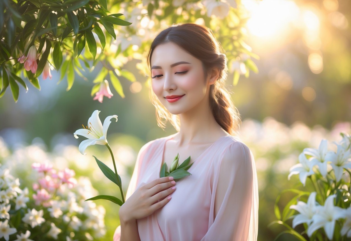Mulher jovem sorridente em um jardim florido segurando um lírio branco próximo ao peito.