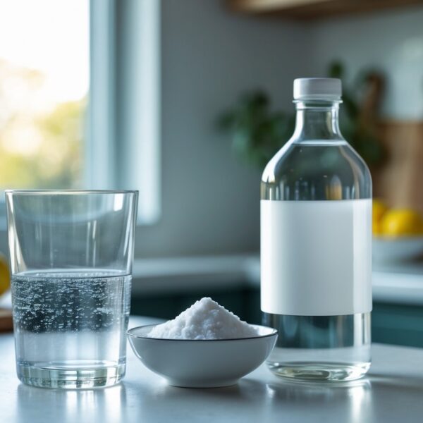 Copo de água ao lado de bicarbonato de sódio em uma tigela e uma garrafa de vinagre sobre uma bancada de cozinha.