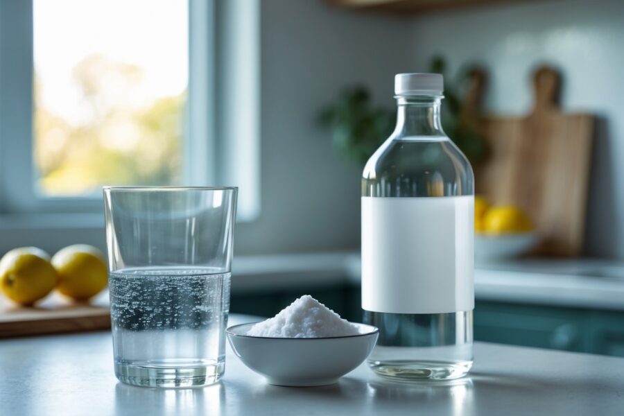 Copo de água ao lado de bicarbonato de sódio em uma tigela e uma garrafa de vinagre sobre uma bancada de cozinha.