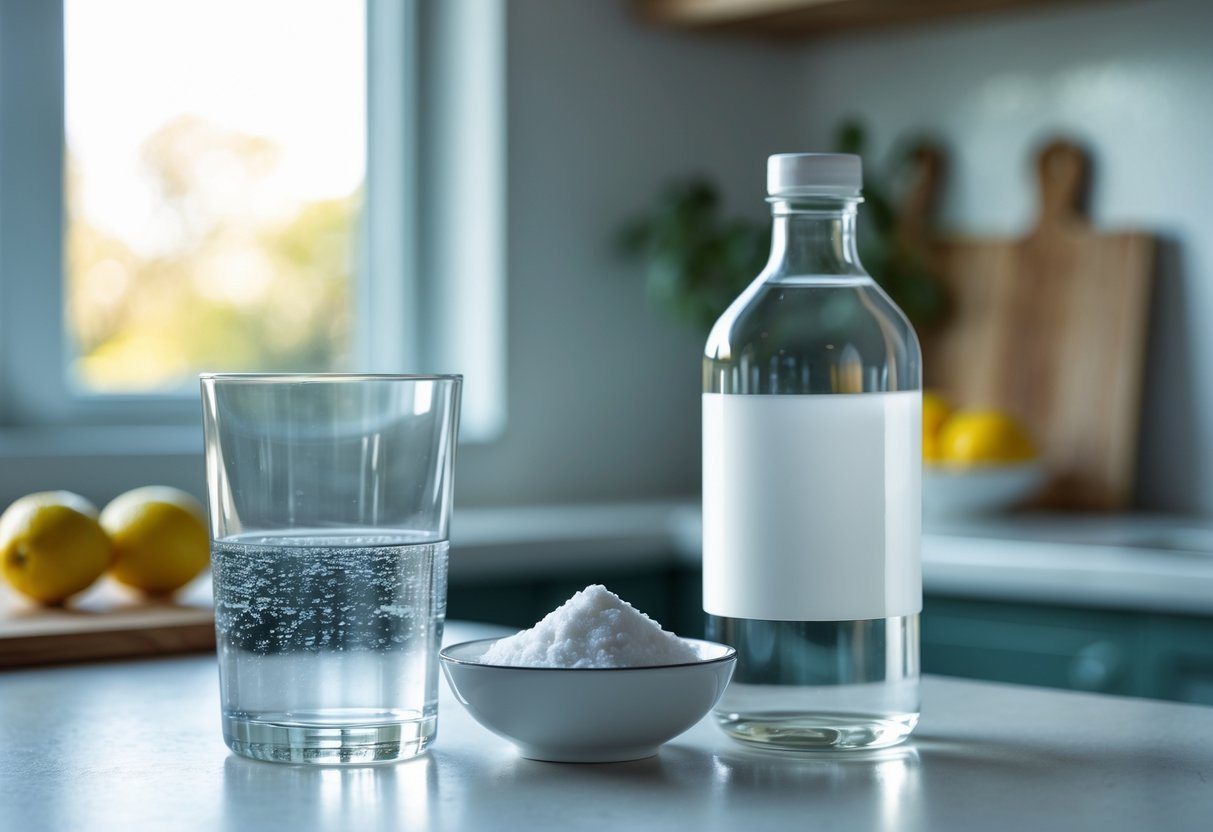 Copo de água ao lado de bicarbonato de sódio em uma tigela e uma garrafa de vinagre sobre uma bancada de cozinha.