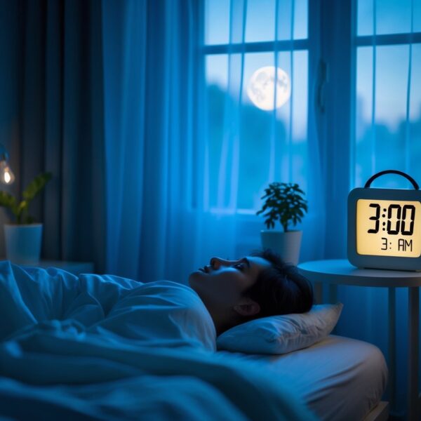 Pessoa acordada na cama às 3 horas da manhã, olhando pensativa para a janela em um quarto escuro iluminado pela luz do luar.