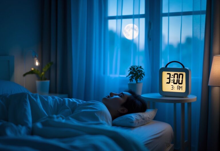 Pessoa acordada na cama às 3 horas da manhã, olhando pensativa para a janela em um quarto escuro iluminado pela luz do luar.