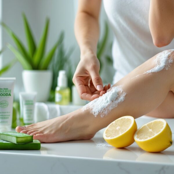 Mulher aplicando um tratamento natural nas axilas em um banheiro iluminado, com ingredientes caseiros e plantas ao fundo.