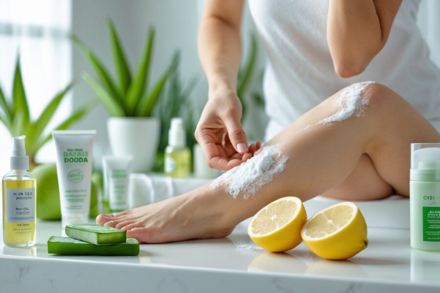 Mulher aplicando um tratamento natural nas axilas em um banheiro iluminado, com ingredientes caseiros e plantas ao fundo.