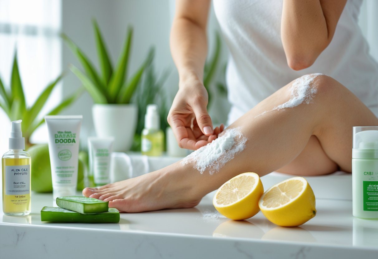 Mulher aplicando um tratamento natural nas axilas em um banheiro iluminado, com ingredientes caseiros e plantas ao fundo.