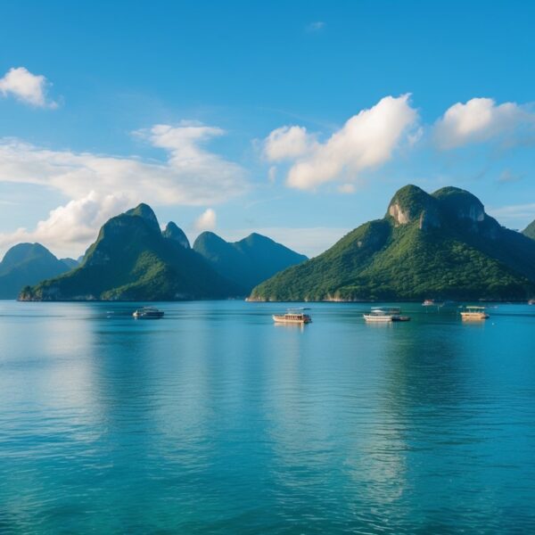 Vista da costa de Angra dos Reis com águas calmas, ilhas verdes e barcos pequenos sob um céu parcialmente nublado.