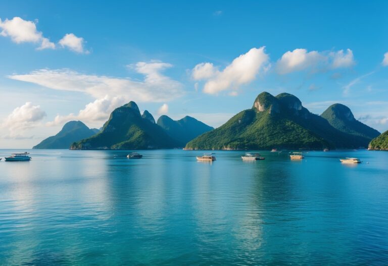 Vista da costa de Angra dos Reis com águas calmas, ilhas verdes e barcos pequenos sob um céu parcialmente nublado.