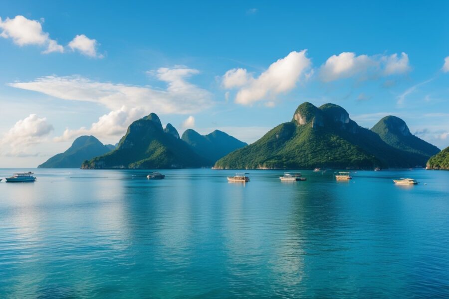Vista da costa de Angra dos Reis com águas calmas, ilhas verdes e barcos pequenos sob um céu parcialmente nublado.
