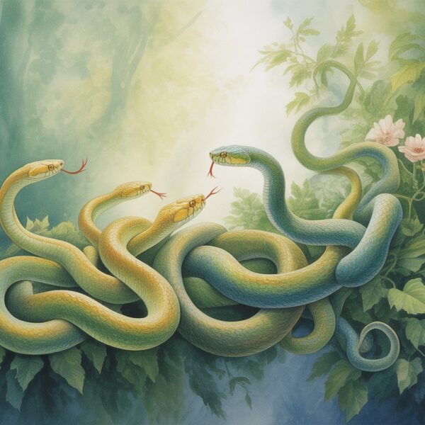 Várias cobras vivas entre folhagens verdes em uma floresta tranquila com luz suave filtrando pelas folhas.