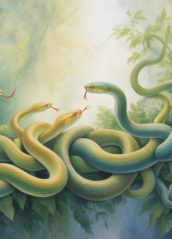 Várias cobras vivas entre folhagens verdes em uma floresta tranquila com luz suave filtrando pelas folhas.